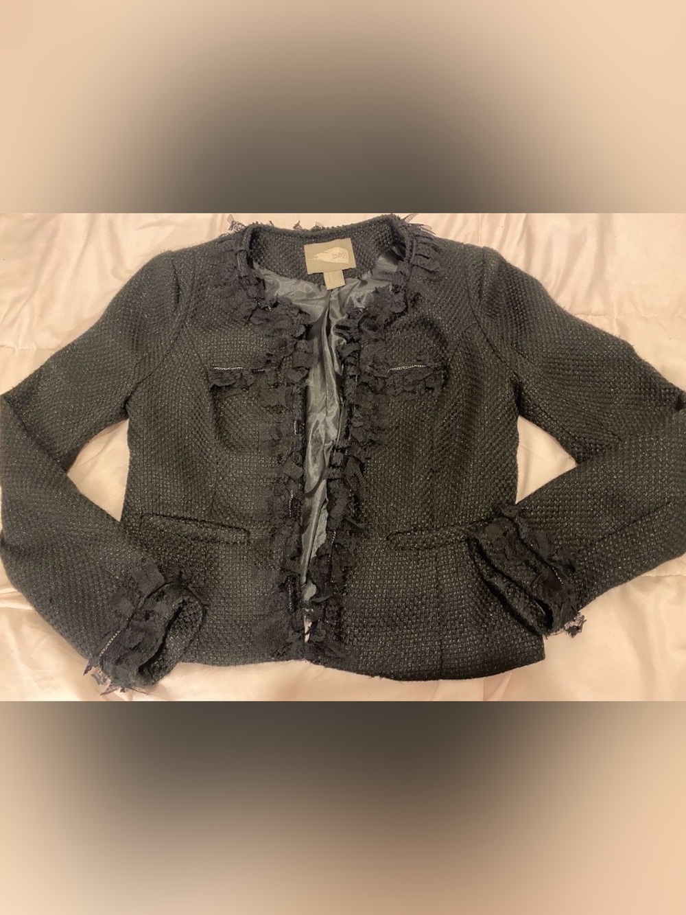 LOVE 21 Black Tweed style with Lace fringe ruffle blazer Medium